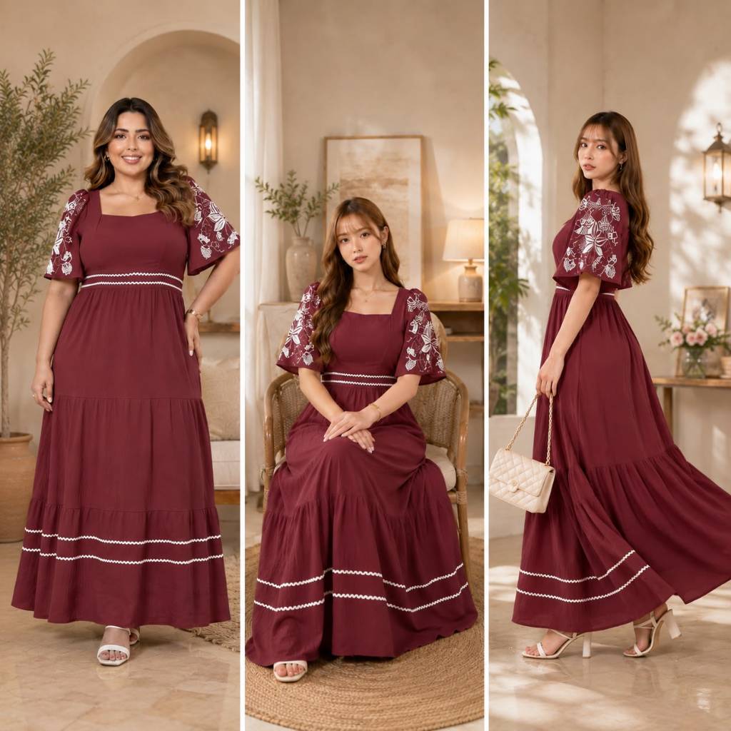 Vestido Longo Feminino com Manga estampado Plus Size forrado Evangelico
