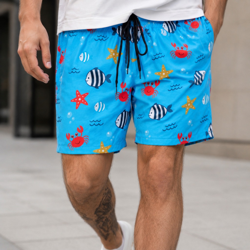 Shorts Tactel Masculino Estampado Peixes Mar Bermuda Praia Elastano Streetwear Masculina Treino