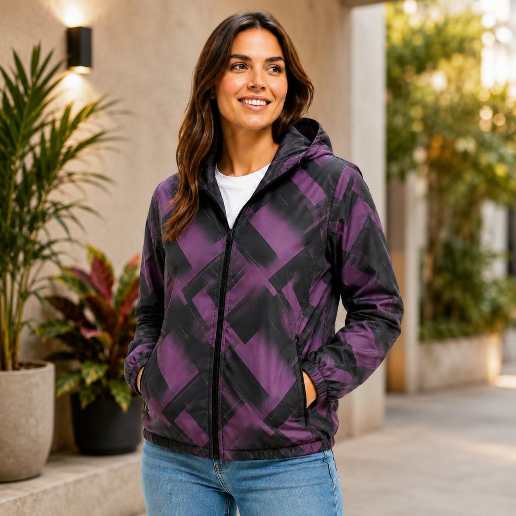Jaqueta Corta Vento Feminina Estampada Casual Esporte Lazer Capuz Forrado Proteção UV 2 bolsos Ziper
