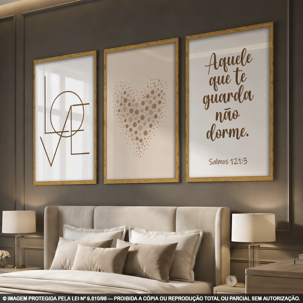 Kit 3 Quadros Decorativos Fé e Amor | Versículo Bíblico Salmos 121:3 Coração Frase Religiosa