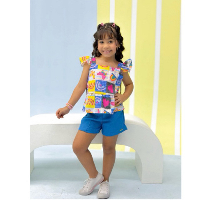 Conjunto Infantil Feminino Blusa Estampada e Short Rosa – Look Infantil