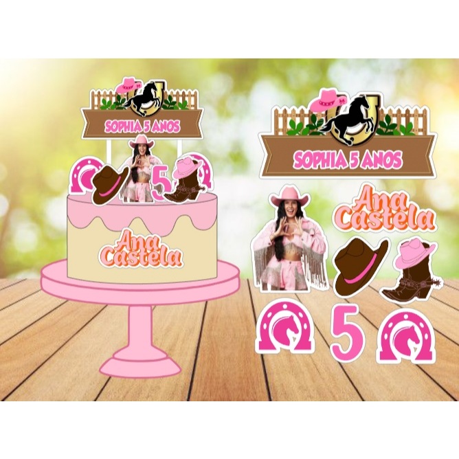 Topo de Bolo personalizado com nome e idade Ana Castela Rosa Boiadeira aniversário decoração mimo lembrancinha toper