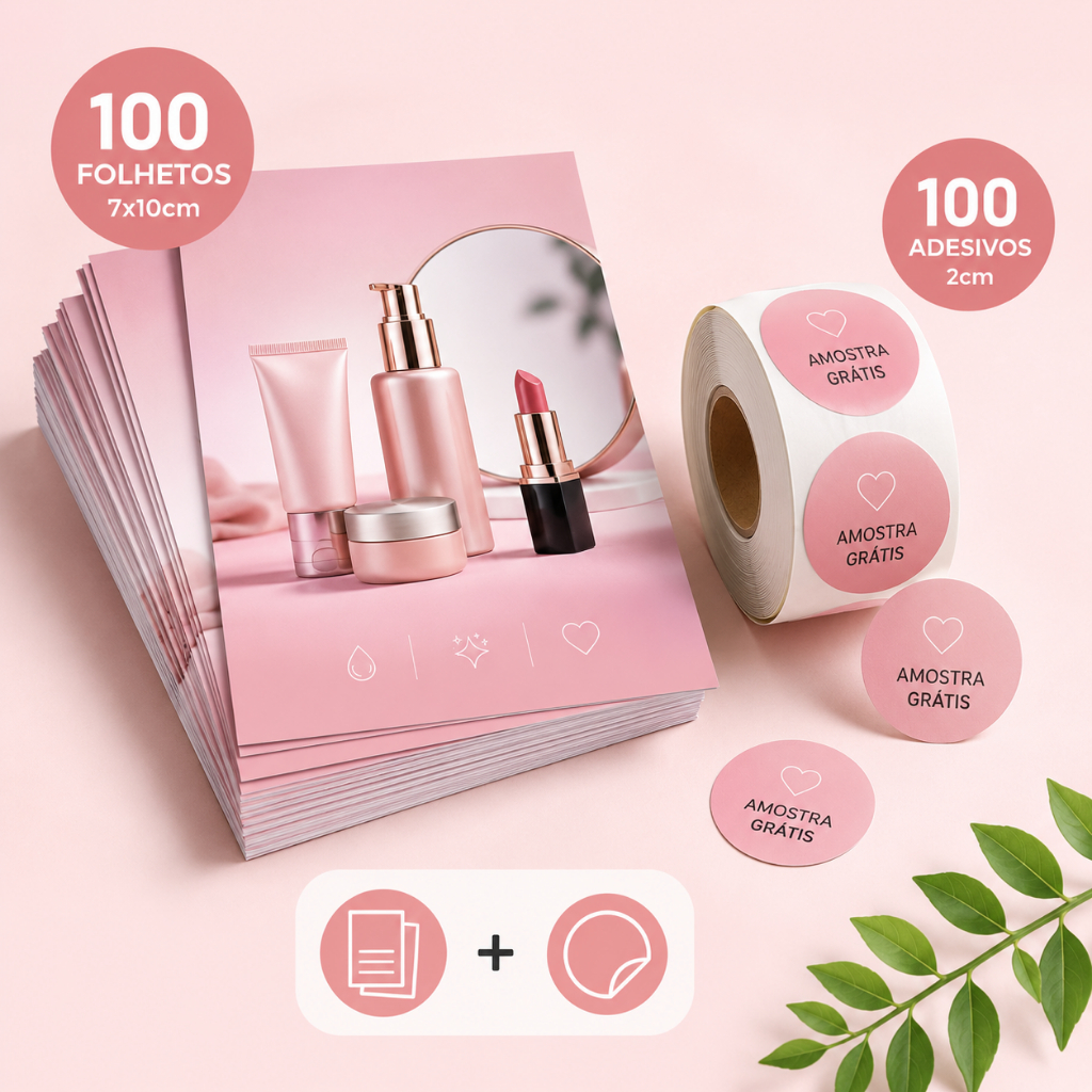 Kit 100 - Folheto de Apresentação + Cartela de Adesivos para Potes Amostras Produtos Mary Kay