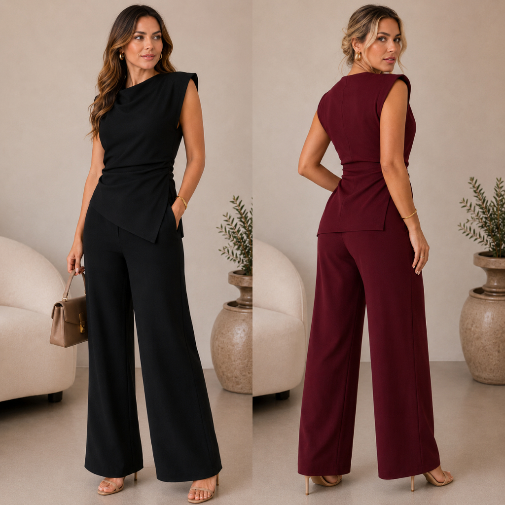 Conjunto Feminino Assimétrico Alfaiataria Blusa Manga Curta Franzida Calça Pantalona Social Elegante Look Moda Mulher