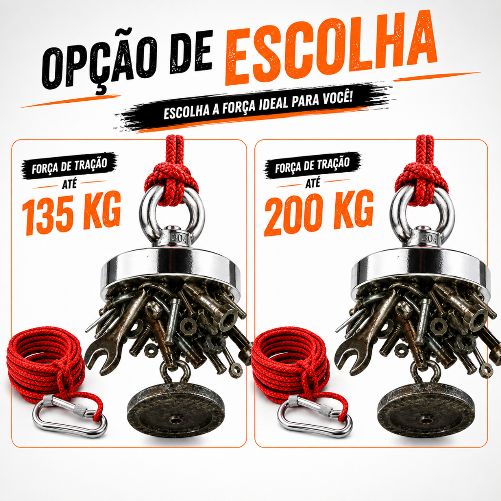 Imã de Neodímio Pesca Magnética Barra 135kg ou 200kg Tração + Corda