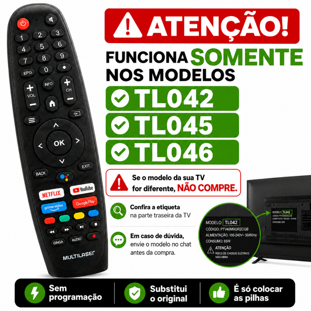 Controle Remoto Para Tv Multilaser Smart 4k Android Netflix / YouTube / PrimeVideo / TL042 / TL045 / TL046 - 9207 7611