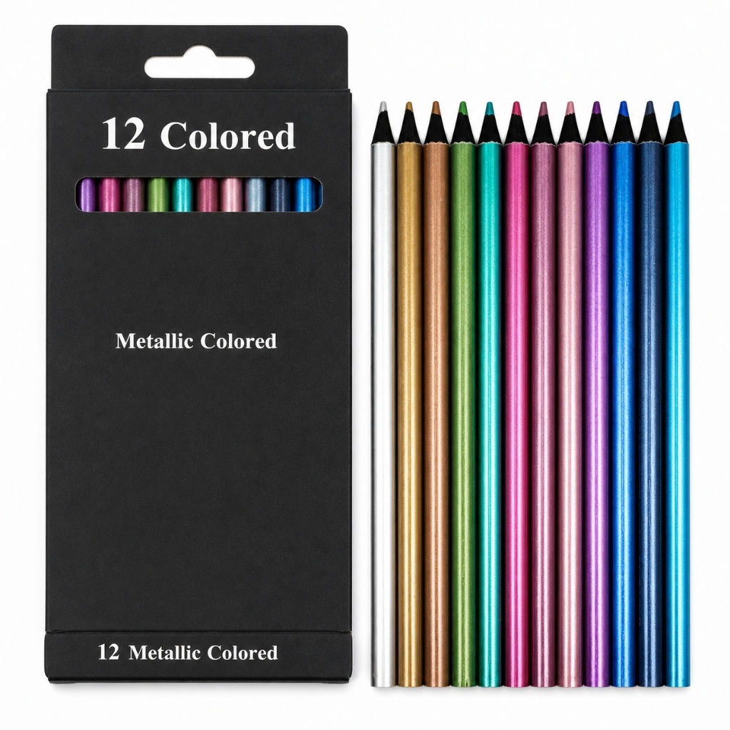 Lápis de Cor Metálico 12 Cores com Brilho para Desenho, Pintura, Ilustração e Material Escolar