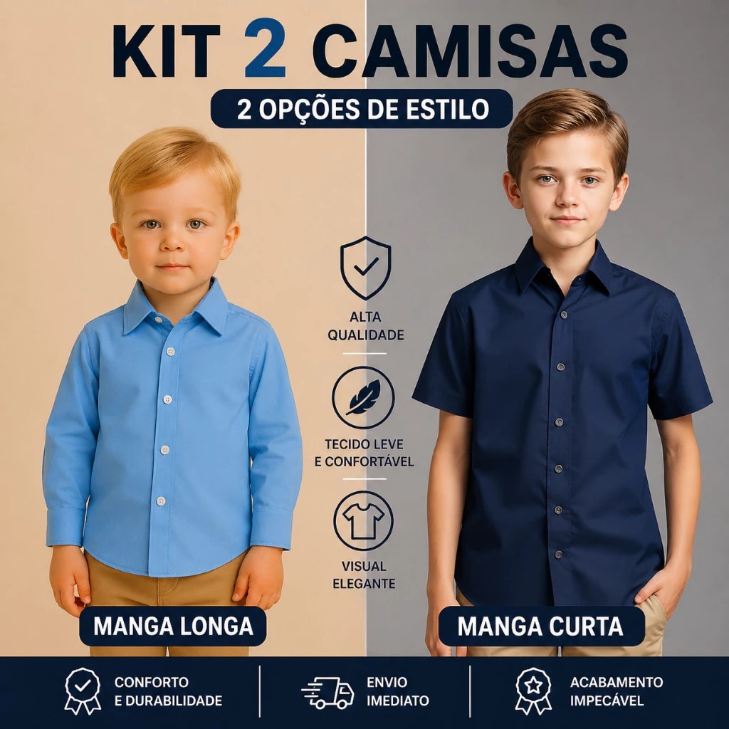 Camisa Social Infantil Masculina Manga Curta Longa Menino Tamanho 2 ao 10 - Envio Imediato !!!