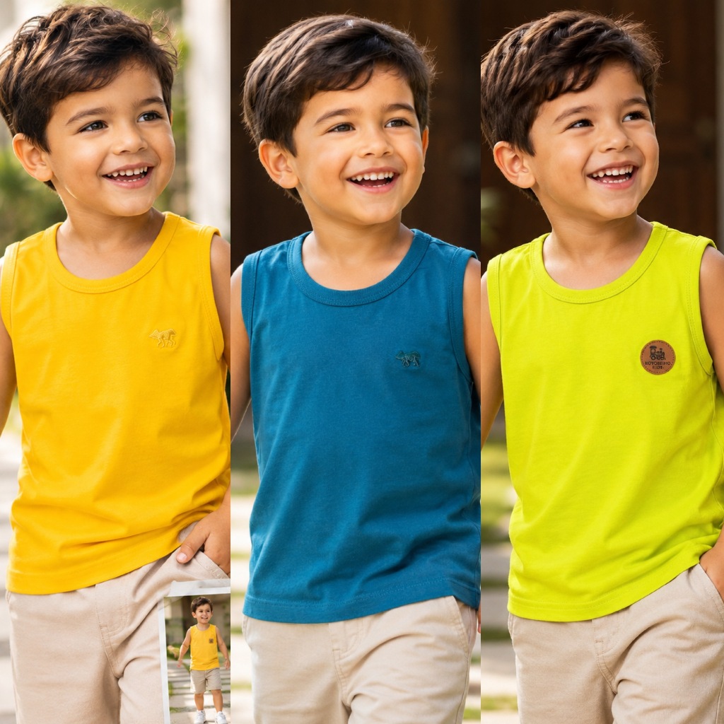 Kit 3 Camisas Regata Infantil Menino Algodão Cores Sortidas 1 ao 10
