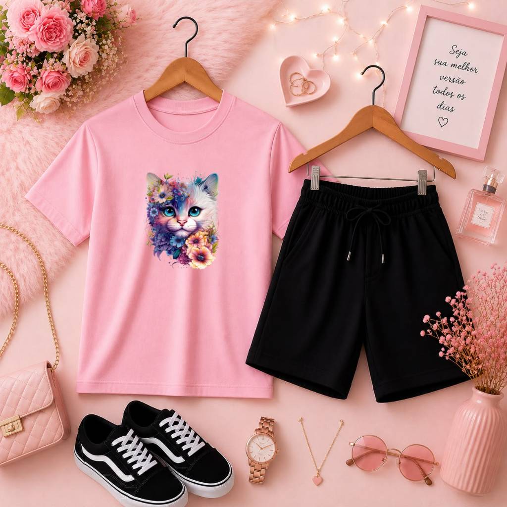 Conjunto Infantil Feminino Estilo & Conforto Camiseta Básica + Short de Moletom Estampa de Gata e Flores