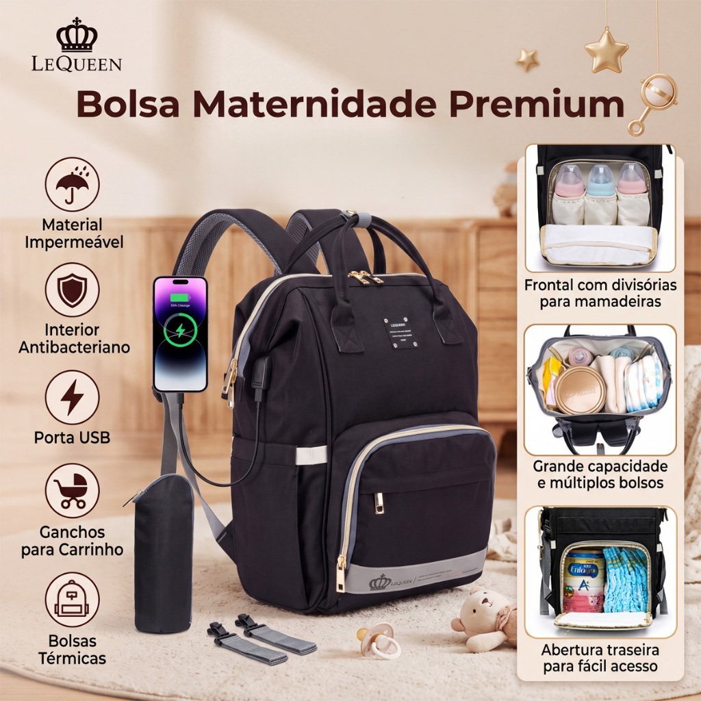 Mochila Bolsa Maternidade Lequeen Porta Mamadeira Térmico