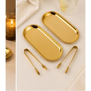 Kit Bandejas Douradas de Luxo + Pegador de Gelo em Aço Inox Elegante para Bar, Drinks e Decoração