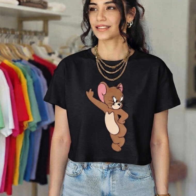 Cropped Feminino Manga Curta Estiloso Estampa Fofa Desenho 100% Algodão Moda Blogueirinha Style Envio Imediato Academia