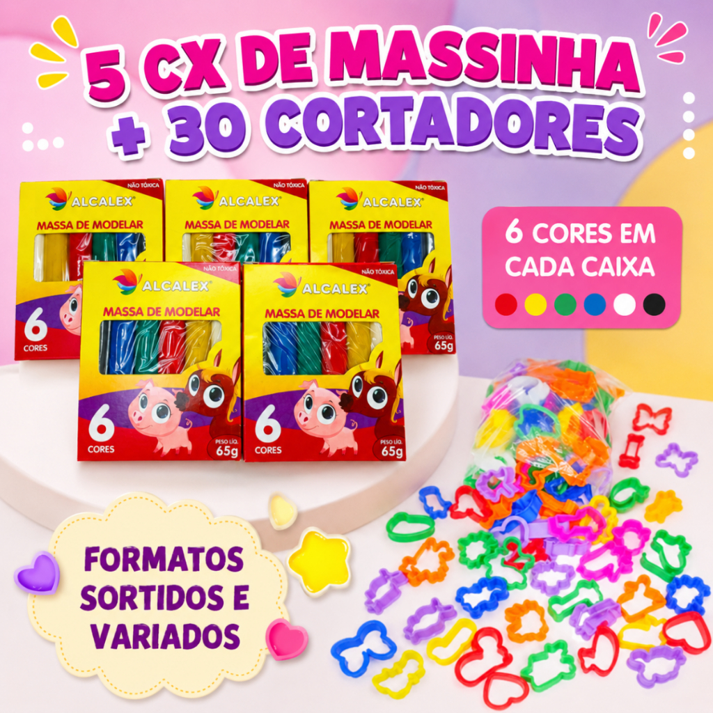 Kit 30 Massinha de Modelar + 30 Cortador Molde p/ Kit Festa Lembrancinha Infantil Sacolinha