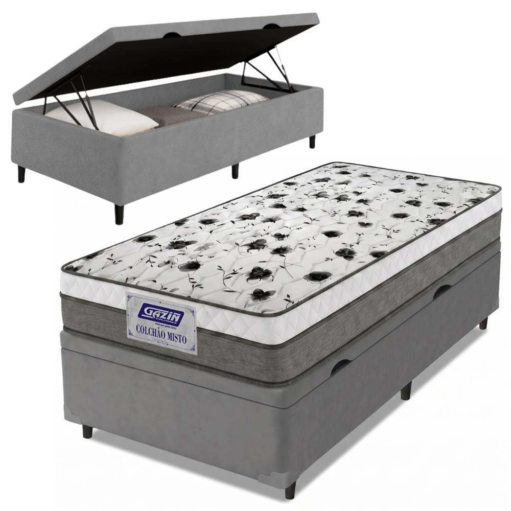 CAMA BOX BAú SOLTEIRO COLCHãO ESPUMA D33 FORT 88X188X62CM CINZA / BRANCO GAZIN  - SUPORTA ATé 150KG POR PESSOA