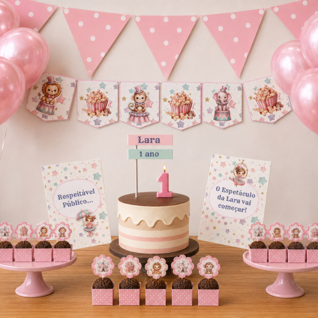 Kit Só um Bolinho Circo Rosa Menina | Decoração Aniversário Mêsversário Festa Infantil Personalizada