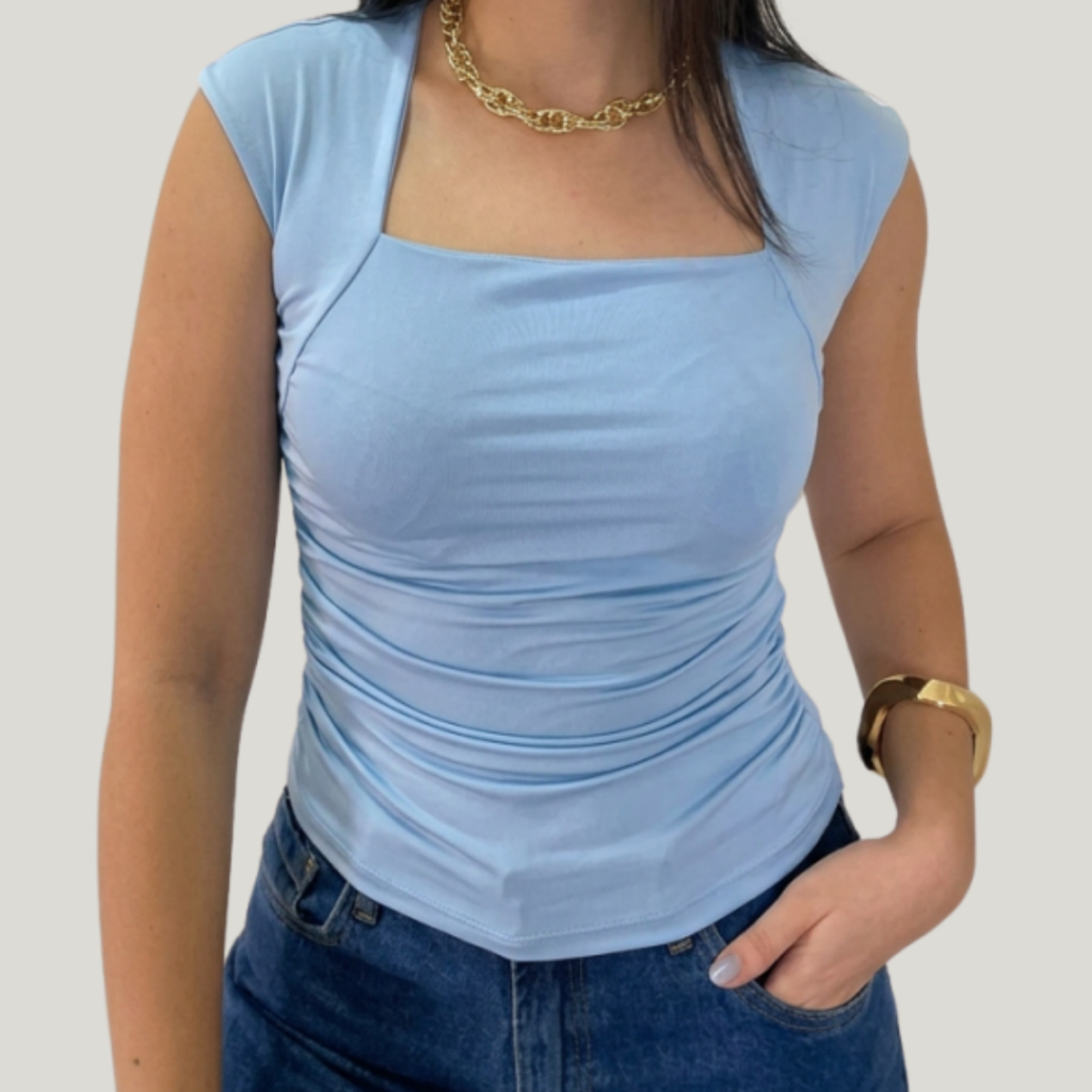 Blusa Feminina Básica Drapeada Forrada Suplex Modelagem Acinturada Casual Confortável para Trabalho
