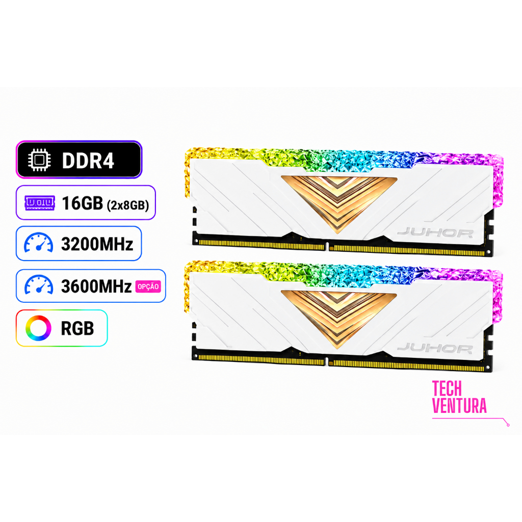 Memória RAM JUHOR 16GB Kit 2x8GB DDR4 3200MHz OU 3600MHz RGB CL18 XMP 2.0 Chip Micron Branca