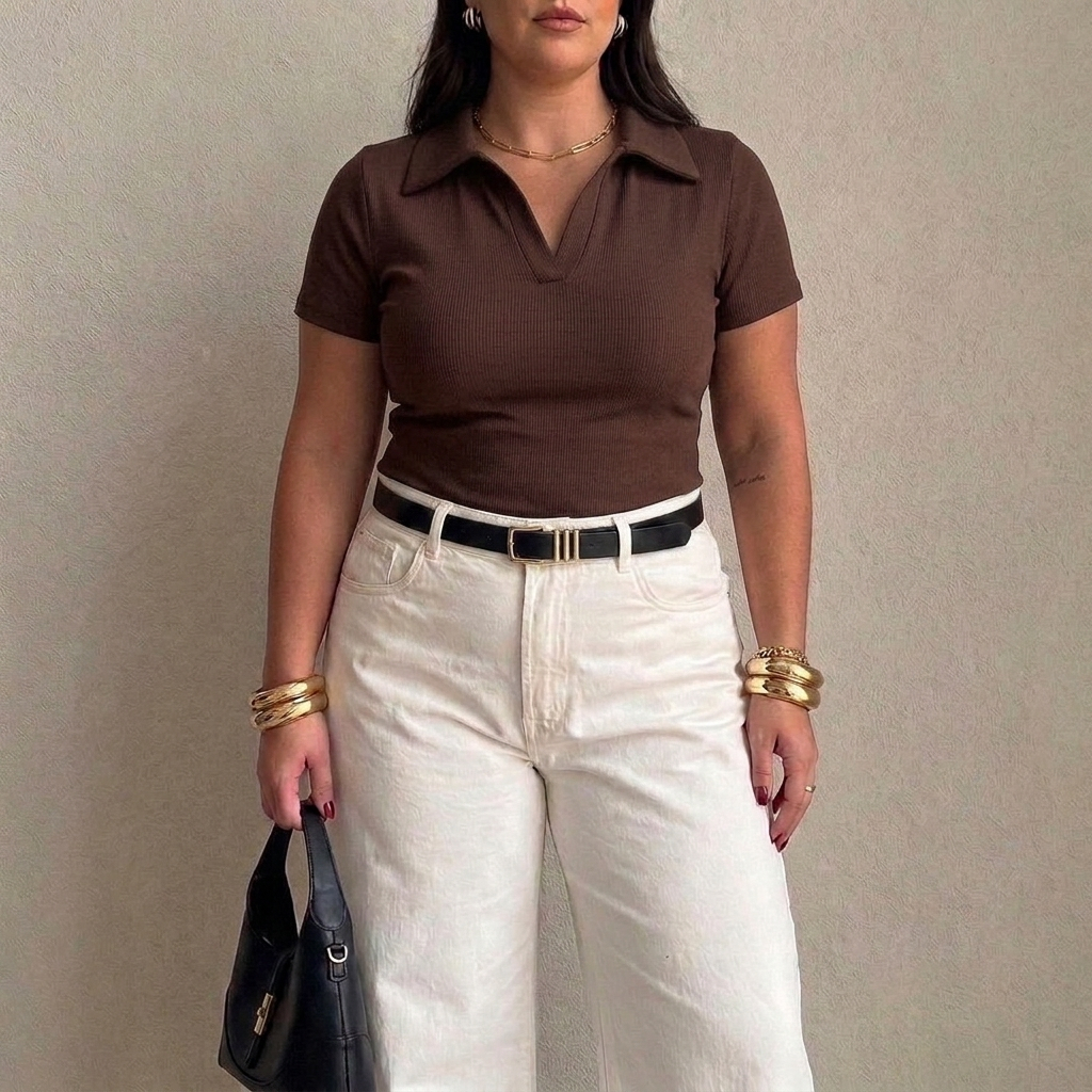 Blusa Feminina Plus Size Gola Polo Ribana Canelada Premium Elegante Casual Estilosa