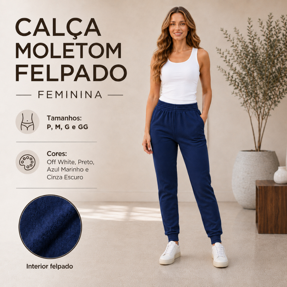 Calça Moletom Felpada Feminina Bolsos Laterais Cintura Alta