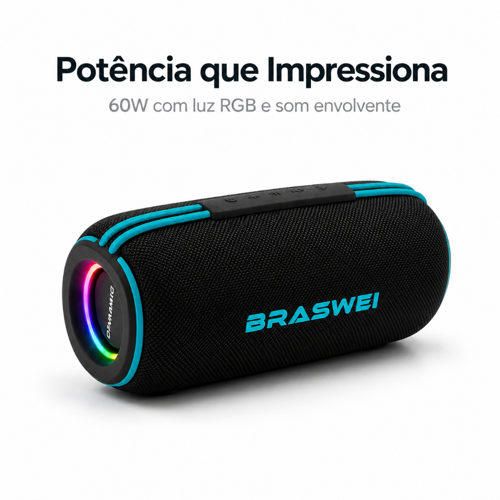 Caixa de Som Bluetooth 60W Portátil Recarregável LED RGB TWS IPX6 USB-C 7200mAh BRASWEI BT683