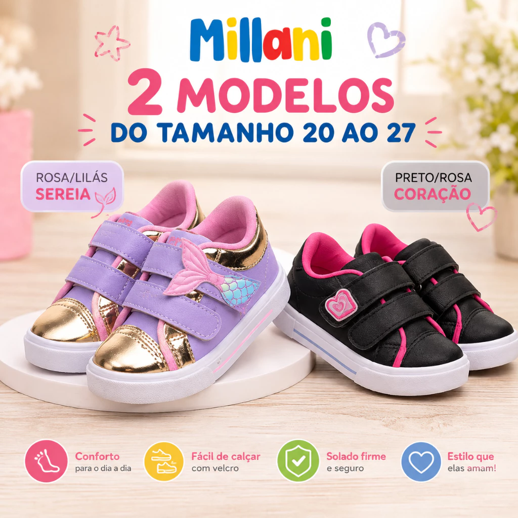 Tênis Infantil Menina Confortável com Velcro Calce Fácil Sereia Coração Preto Rosa Lilás Promoção — imagem 1