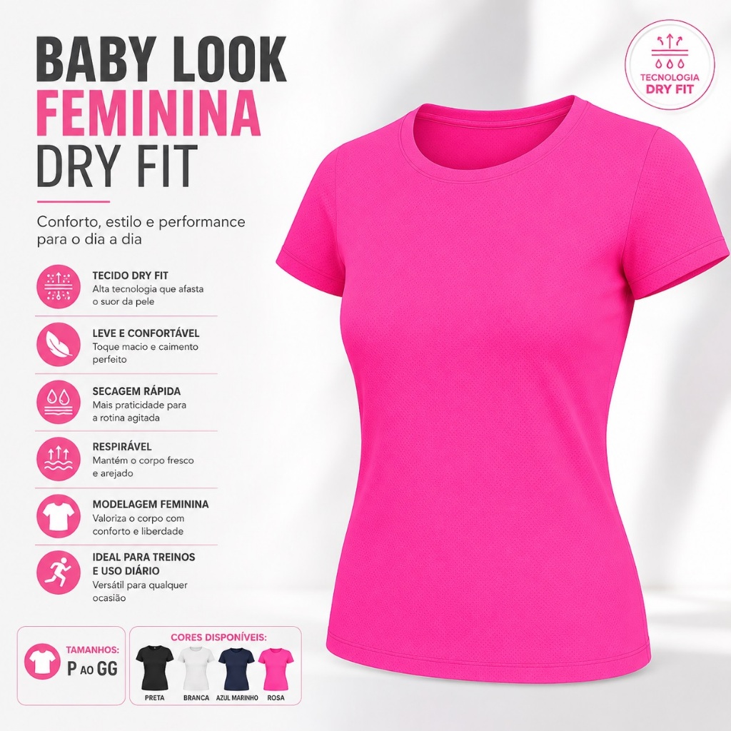 Camiseta Feminina Baby Look Dry Fit Premium Academia Fitness Treino