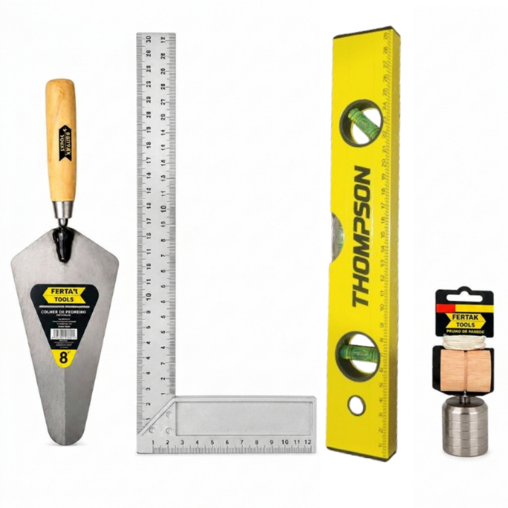 Kit De Ferramentas Para Obra Construção Pedreiro 4 Peças Esquadro 12",Nível 12",Prumo 500grs, Colher 8"