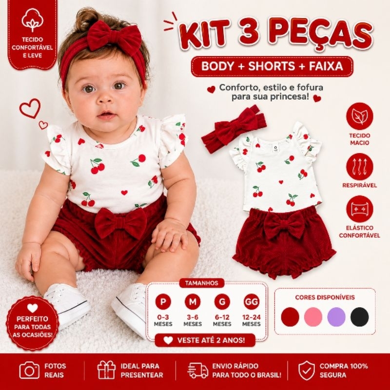 Conjunto Bebê Menina 3 Peças Body Estampado + Shorts + Faixa Laço Malha Cotton