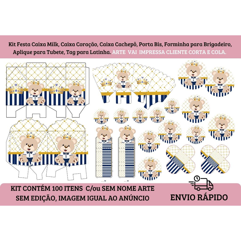 Kit 100 Itens Ursinho Principe Personalizada Caixinha Lembrancinha para festa infantil