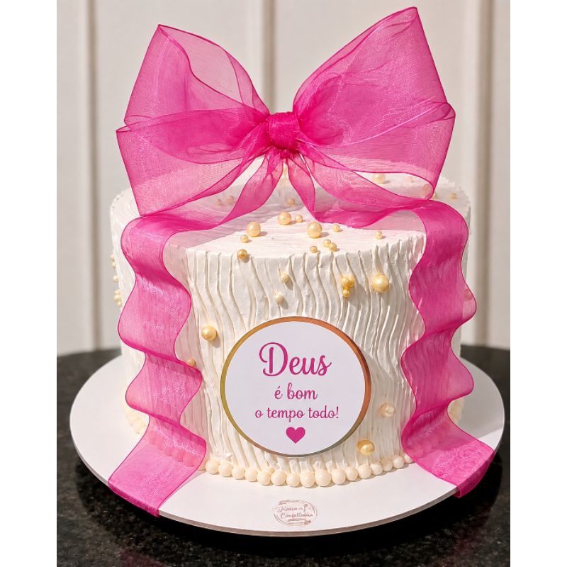 Topo de Bolo com Laço Rosa Personalizado | Plaquinha para Bolo Feminino Aniversário