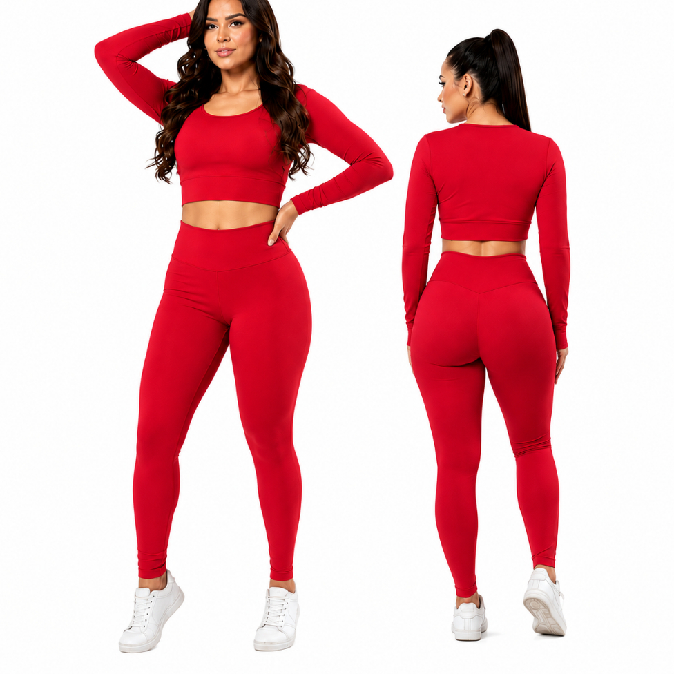 Conjunto Fitness Feminino Academia Legging Alta Compressão Top Manga Longa Modelador Empina Bumbum