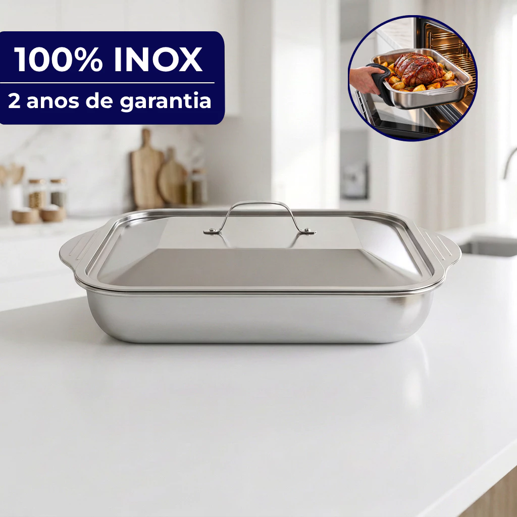 Assadeira Travessa Retangular Aço Inox com Tampa 6 Litros 40x25x12cm Forno Fogão Churrasco Resistente Altas Temperaturas — imagem 1