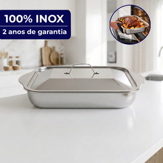Assadeira Travessa Retangular Aço Inox com Tampa 6 Litros 40x25x12cm Forno Fogão Churrasco Resistente Altas Temperaturas