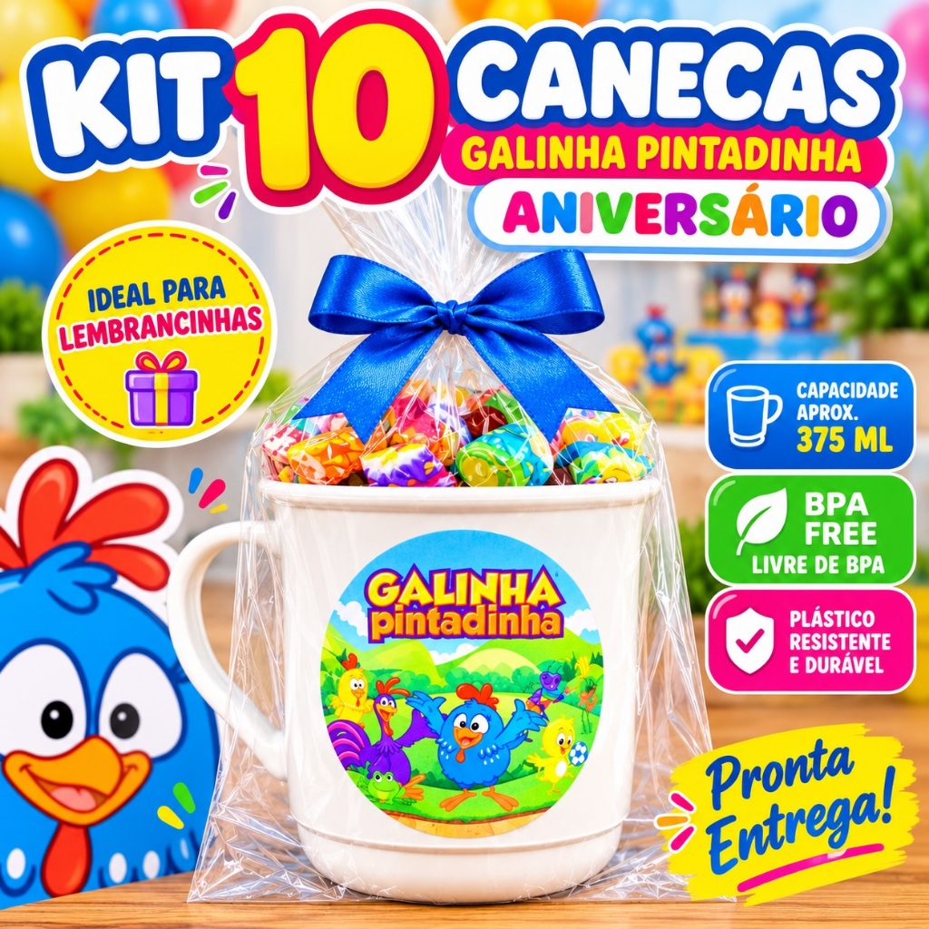Kit 10 Canecas 375 ML De Plástico lembrancinha Galinha Pintadinha Aniversario Personalizado festa infantil presente