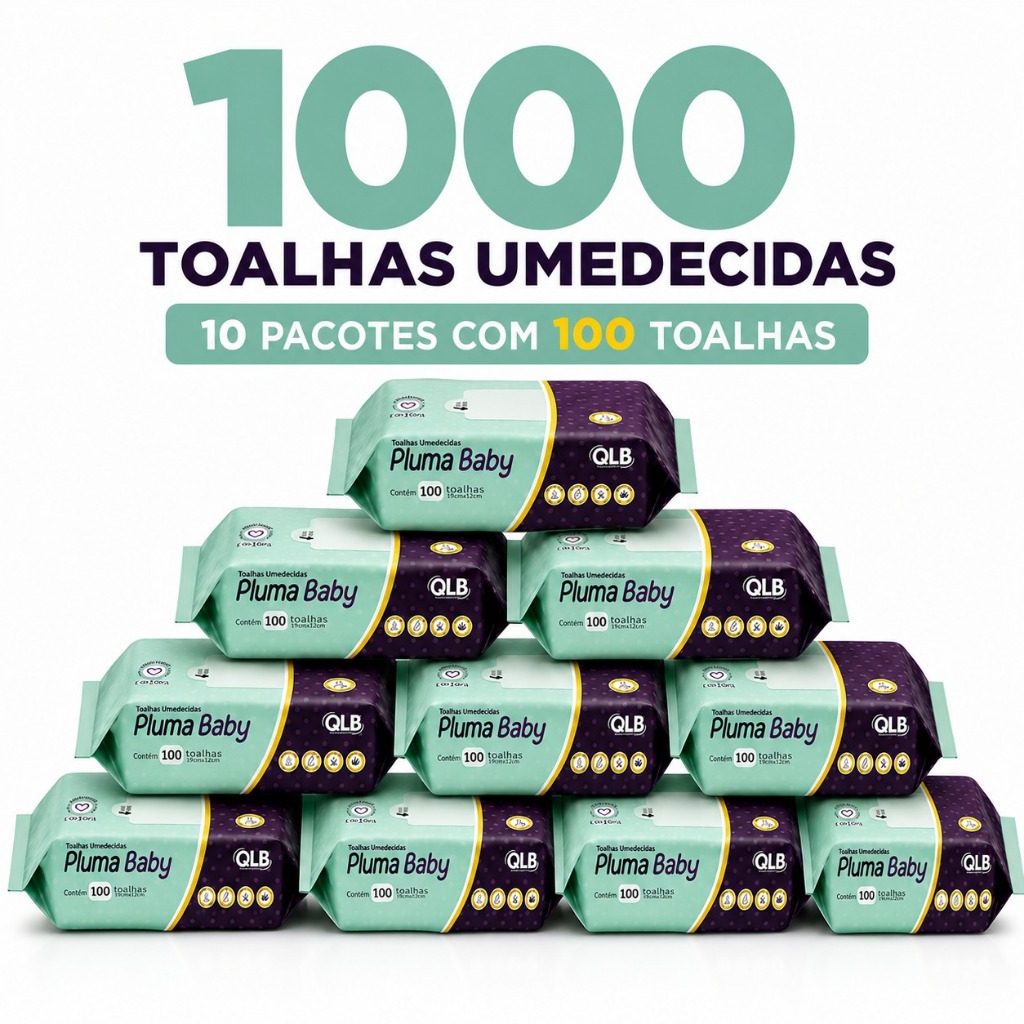Caixa com 10 Lenços/Toalhas Umedecidas Pluma Baby c/ 100 Unidades Cada -Sem Tampa FlipTop