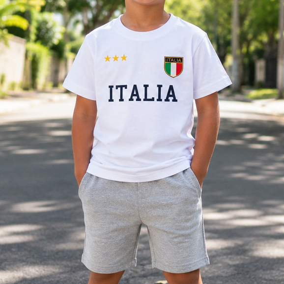 Conjunto Infantil Menino Camiseta Italia Estampada + Bermuda de Moletom Casual Confortável