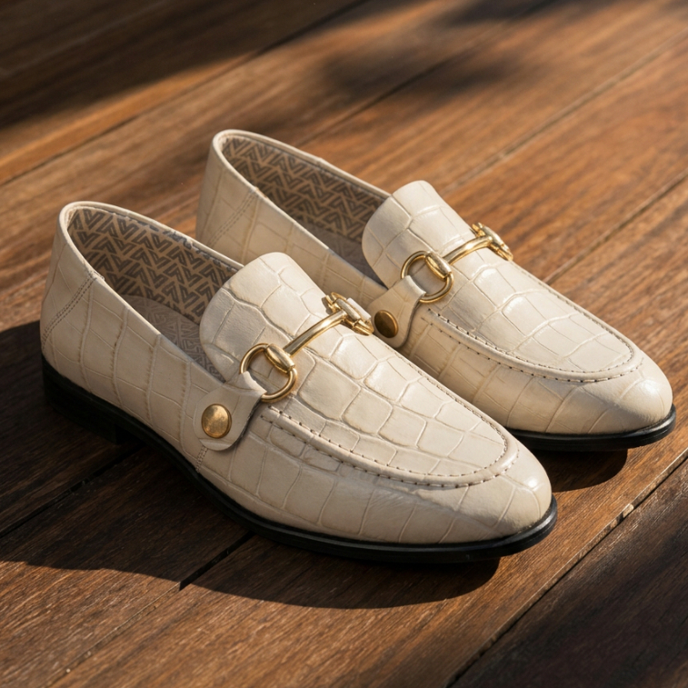 Mocassim Mara Feminino Vittal Couro Legítimo Croco Duas Fivelas Espuma Calcanhar Elegante