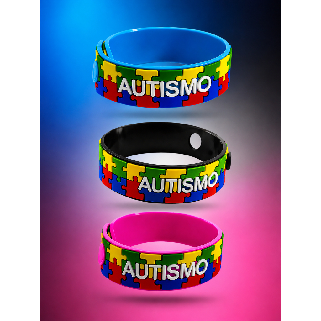 3 Pulseiras Ajustáveis Autismo Infantil Azul, Preta e Rosa - Quebra Cabeça