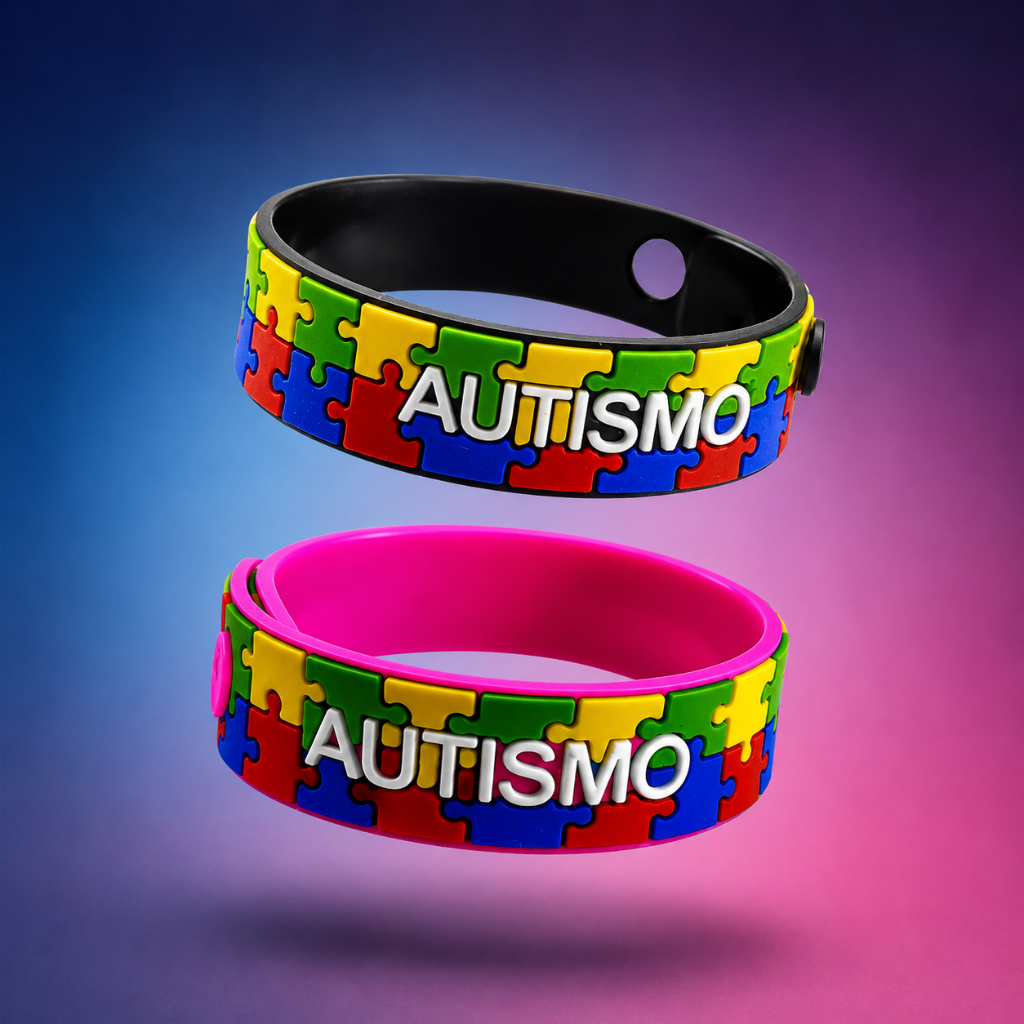 2 Pulseiras Ajustáveis Autismo Infantil Preta e Rosa - Quebra Cabeça