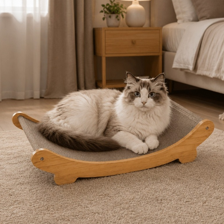 Cama e Arranhador Curvo para Gatos em Madeira de Pinus com Sisal Reforçado, Resistente e Durável