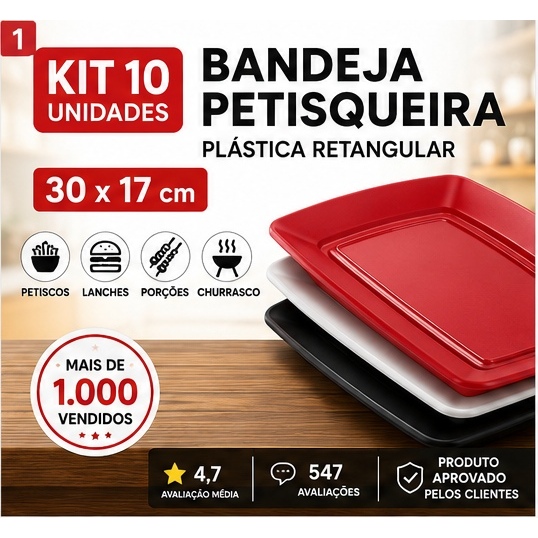 Kit 10 Bandejas Petisqueira Plástica Retangular 30x17cm Para Petiscos Porções Lanches Churrasco