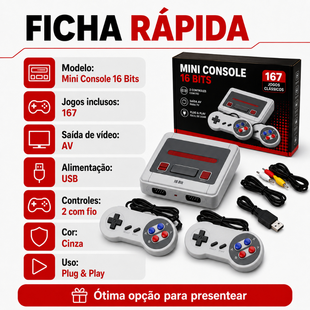 Video Game Mini Console Retrô 16 Bits 167 Jogos 2 Controles com Fio AV para TV Plug & Play