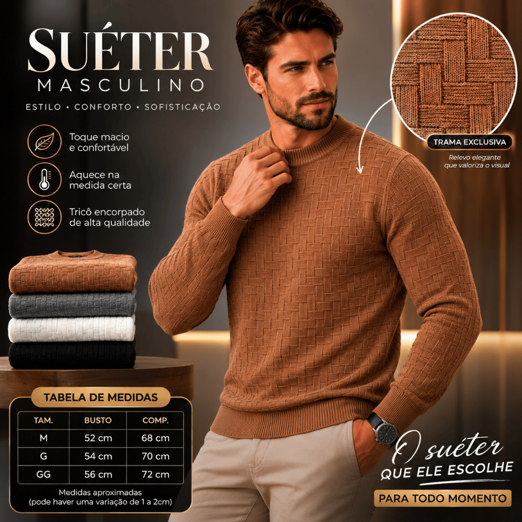 Suéter Masculino Estiloso Tricot Manga Longa Gola Alta Casual Texturizado Inverno 2026