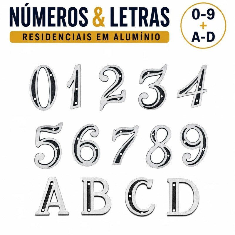 Número Residencial Prata E Preto Metal Alumínio Escovado