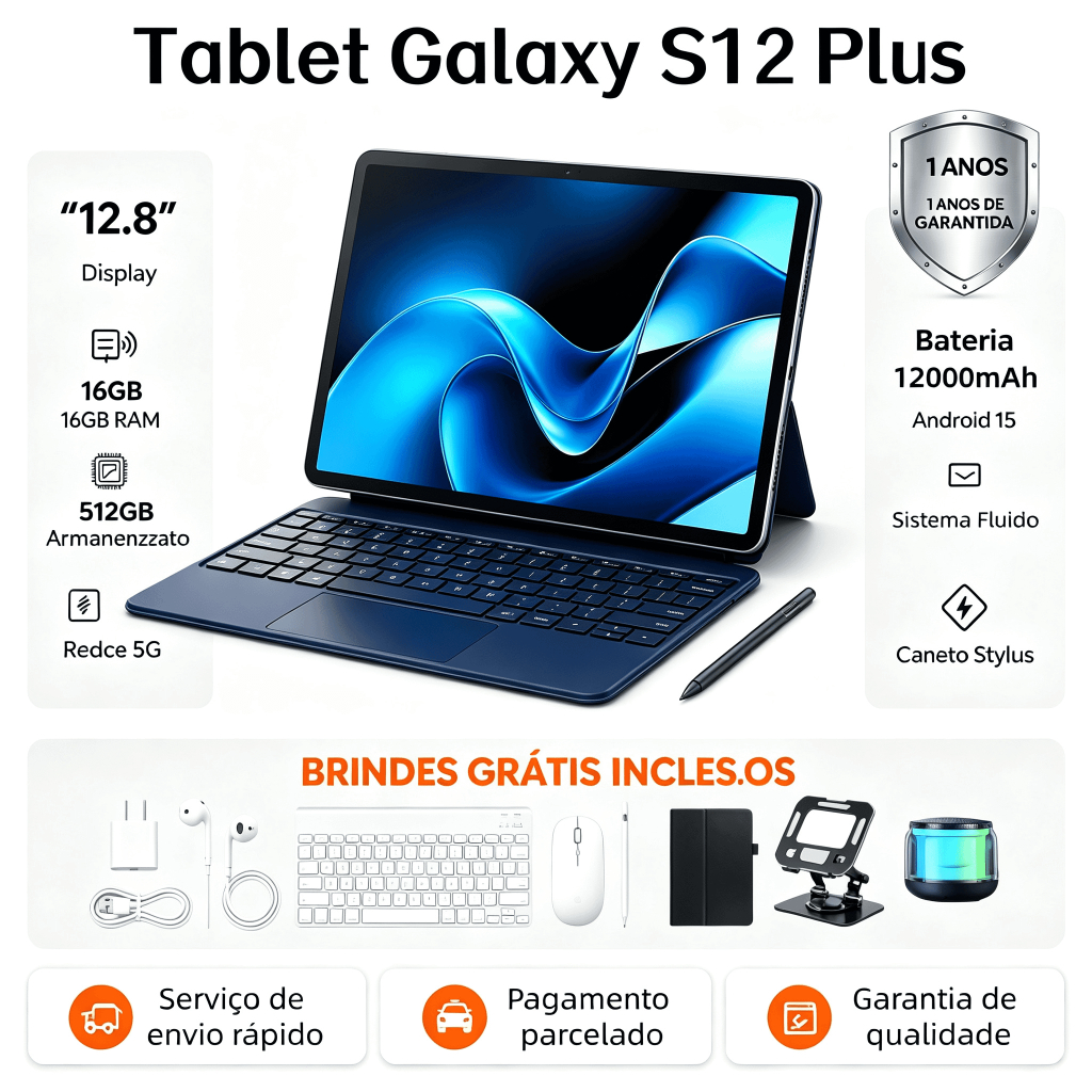 【Teclado, mouse e alto-falantes gratuitos】Tablet Galaxy S12 Plus 16 GB + 512 GB 12000 mAh 12,8 polegadas HD Dual SIM Wif