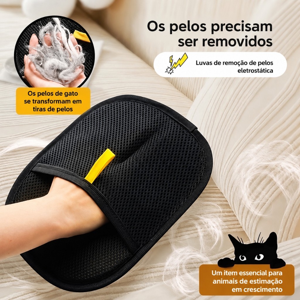 Luva Removedora de Pelos Tira Pelos Pet e Fiapos para Cães e Gatos Sofá Roupas Eletrostática Reutiliz