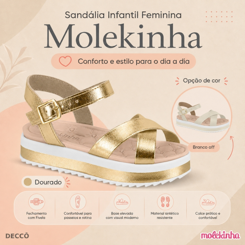 Sandália Infantil Molekinha Plataforma Ajuste No Tornozelo Confortável Moderno