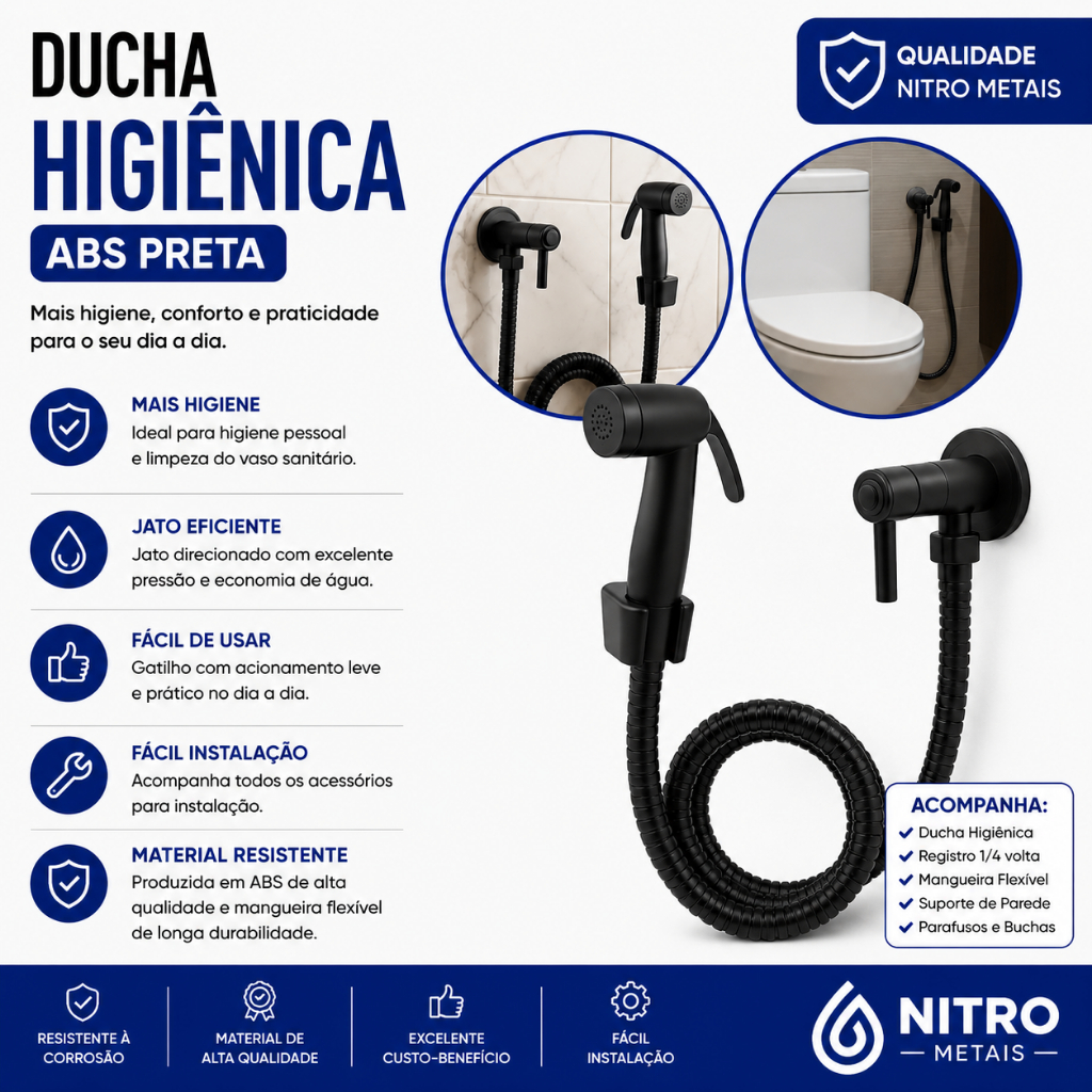 Ducha Higiênica Chuveirinho Intimo Preto Fosco Matte de Banheiro em Abs