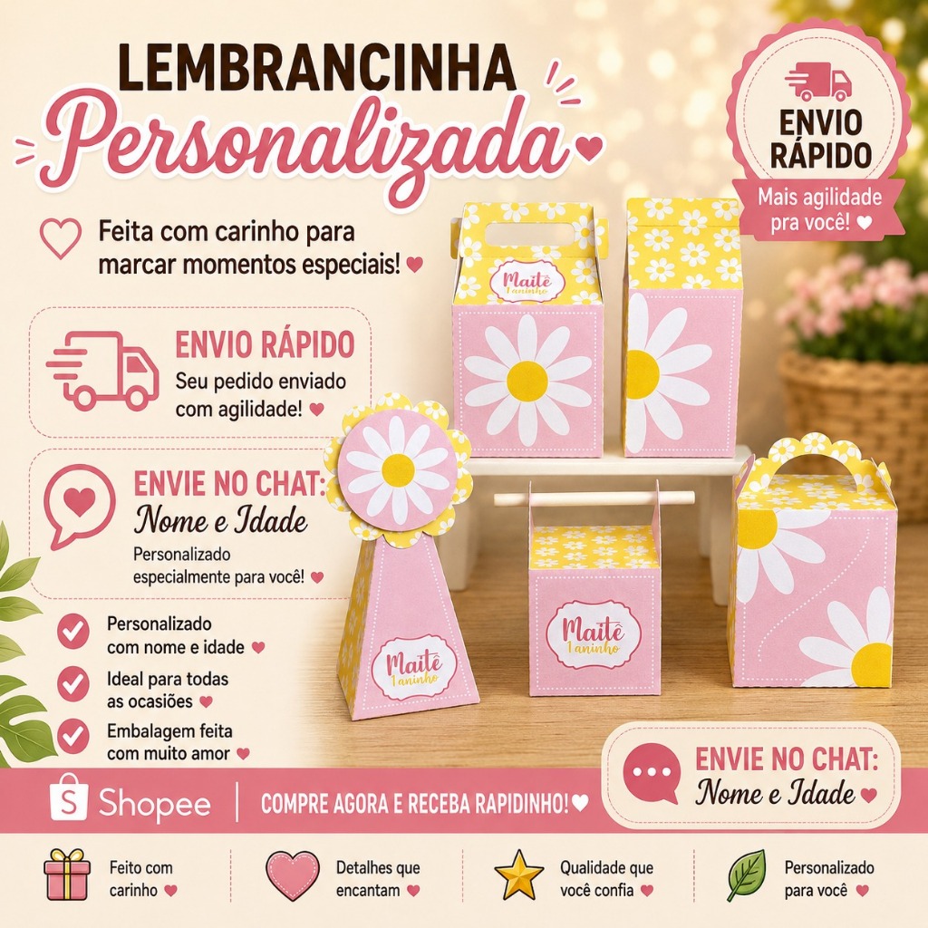 Caixinhas Margaridas rosa PEGUE E MONTE kit festa lembrancinha de aniversário mimos personalizados